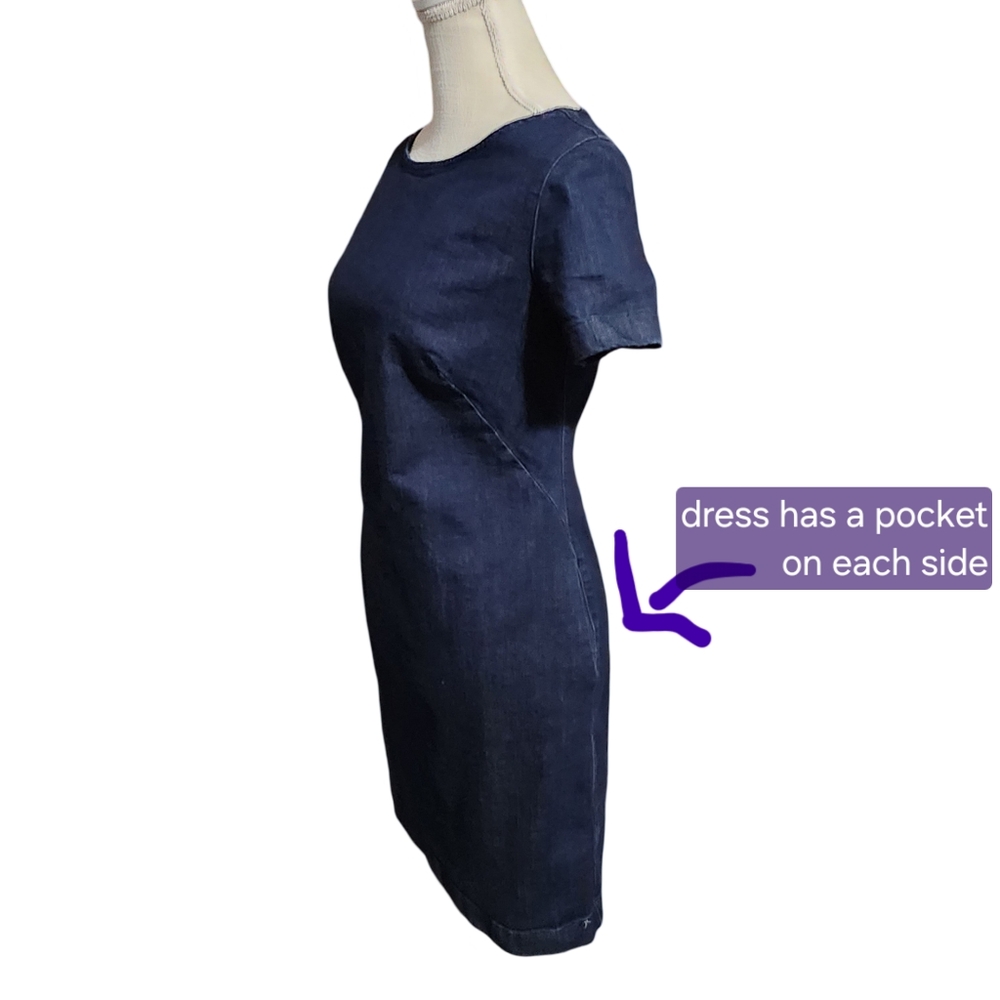BODEN Rhea Blue Denim Sheath Short Sleeve Midi Dress Size 4L Casual Minimalist - Picture 4 of 14